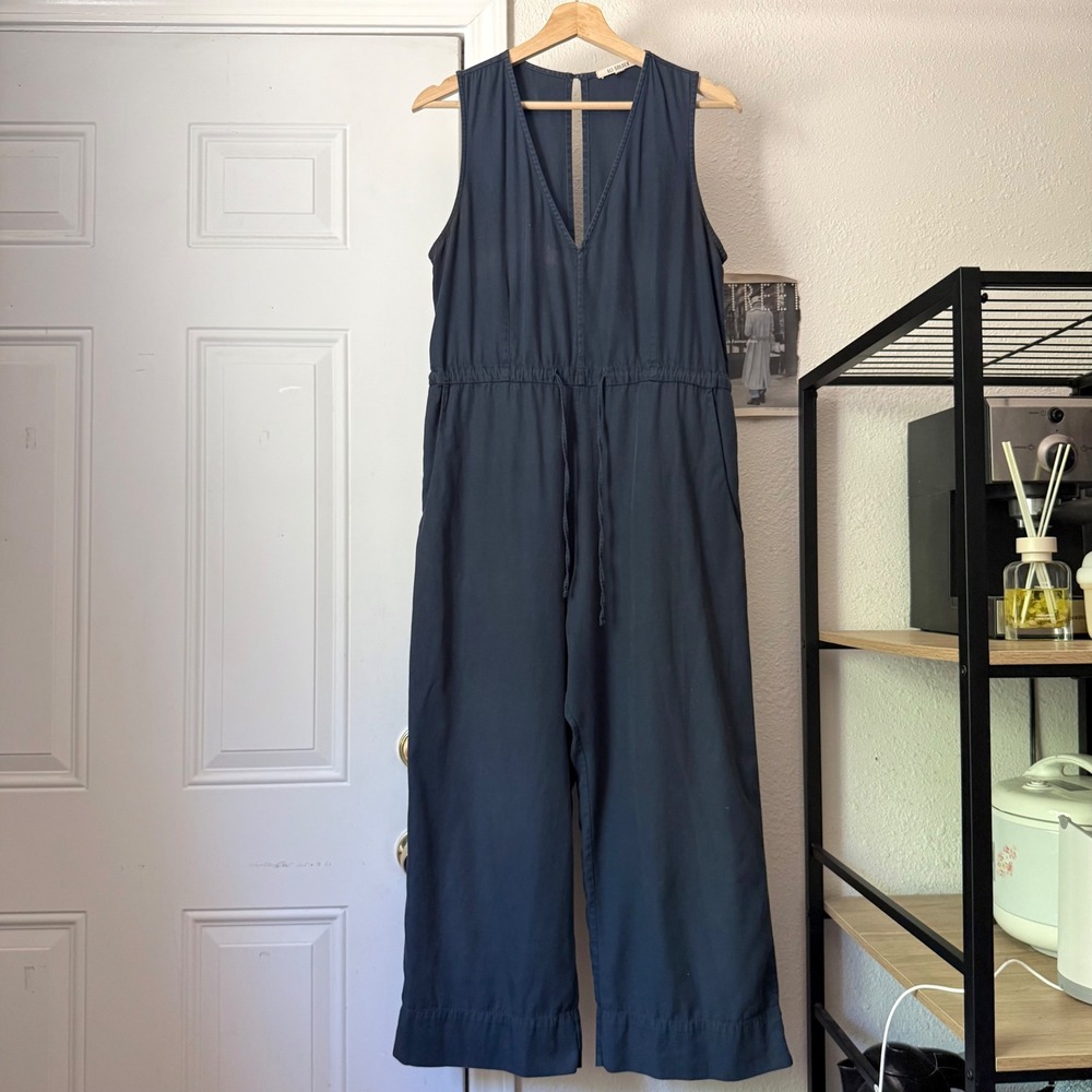 Ali Golden navy blue keyhole cotton sleeveless straight leg cropped jumpsuit